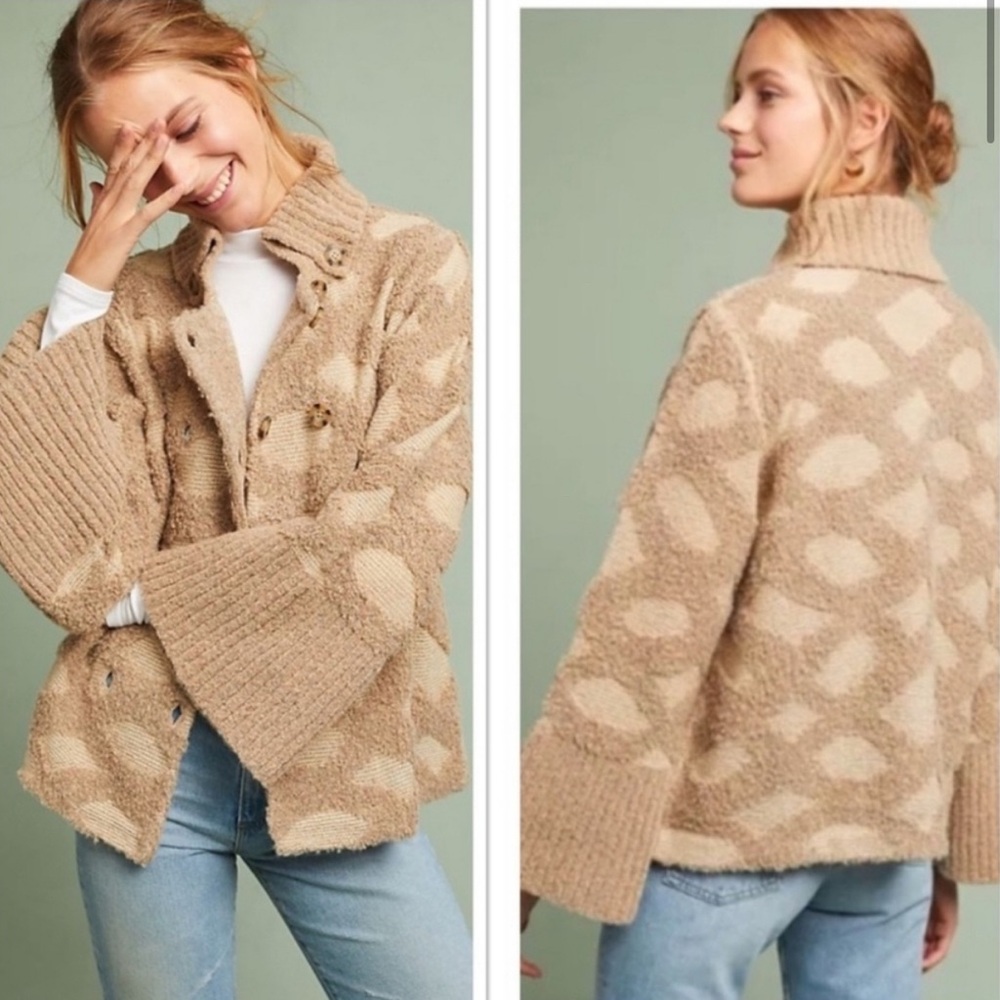 Anthropologie Tan Intarsia Spotted Cardigan by Rosie Meira | Size S | NWT - Picture 1 of 7